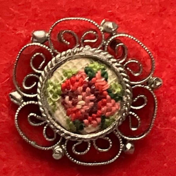 Vintage Pair of Petit Point Hand Embroidered Stud Earrings - Picture 6 of 7